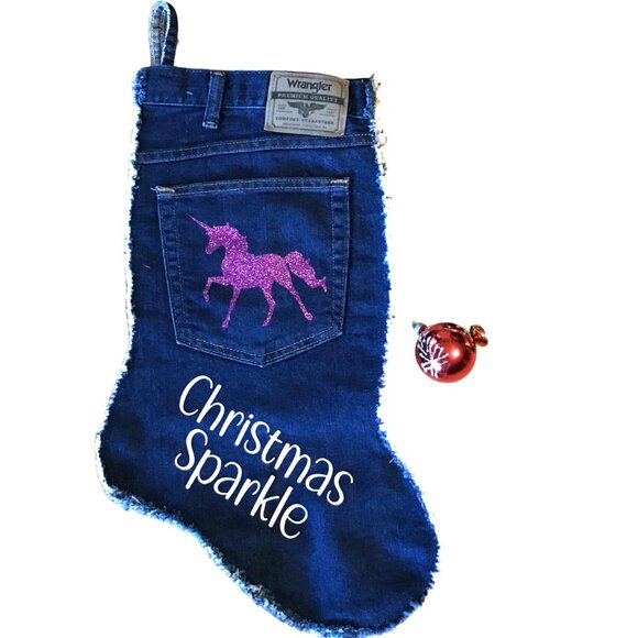 Handmade Denim Christmas Stocking w/Jean Pocket: Purple Unicorn Graphic, M-L - Picture 1 of 8